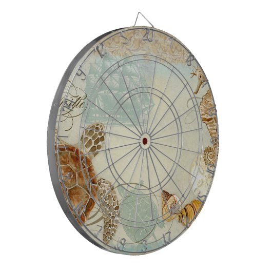 ビーチの砂の海岸のコラージュのカメのタツノオトシゴの貝 ダーツボード (正面左)