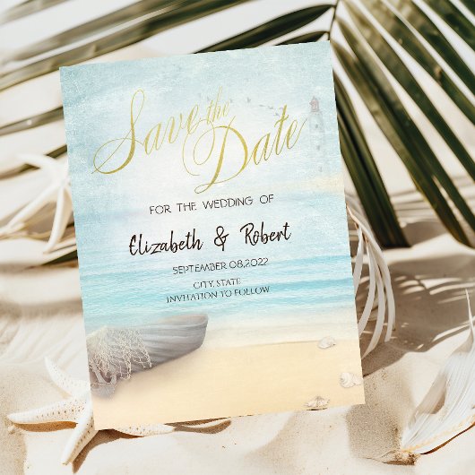 ビーチの砂の船と灯台　保存日付のお知らせ セーブザデート