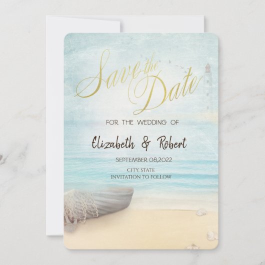 ビーチの砂の船灯台 保存日付 セーブザデート (正面)