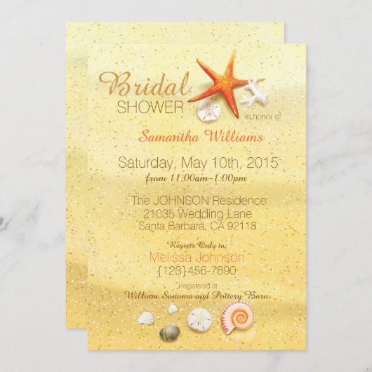 ビーチの砂の貝殻のビーチのブライダルシャワー 招待状 (正面/裏面)