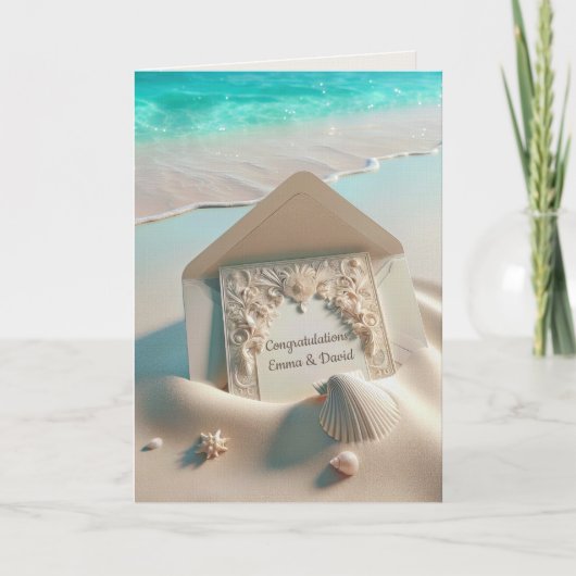 ビーチの砂浜に置かれた結婚お祝い文房具 カード (正面)