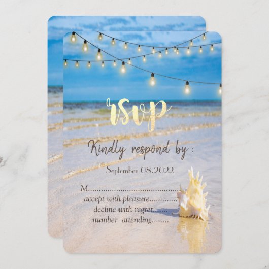 ビーチの糸くずきランプシェル 返信 招待状 (正面/裏面)