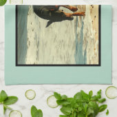 ビーチの絵画のイメージのドーベルマン犬 キッチンタオル (折り畳み)