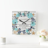 ビーチの花とヒトデ素朴 スクエア壁時計 (ホーム)