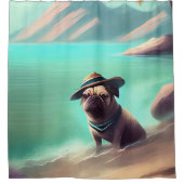 ビーチの芸術絵画を楽しむパグ シャワーカーテン (正面)