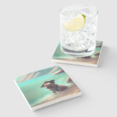 ビーチの芸術絵画を楽しむパグ ストーンコースター (横)