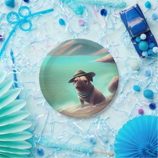 ビーチの芸術絵画を楽しむパグ ペーパープレート (パーティー)