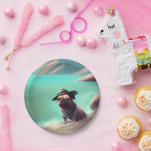ビーチの芸術絵画を楽しむパグ ペーパープレート (パーティー)