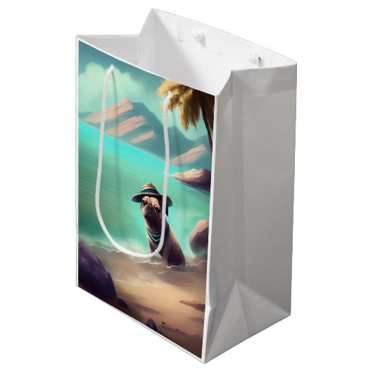 ビーチの芸術絵画を楽しむパグ ミディアムペーパーバッグ (正面アングル)