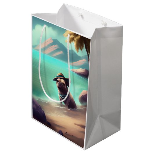 ビーチの芸術絵画を楽しむパグ ミディアムペーパーバッグ (裏面アングル)