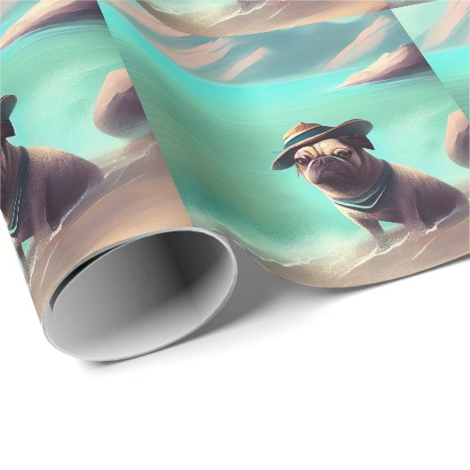 ビーチの芸術絵画を楽しむパグ ラッピングペーパー (ロールコーナー)