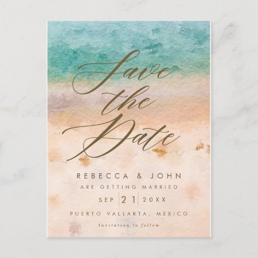 ビーチの行先の結婚式の保存日付カード 案内ポストカード (正面)
