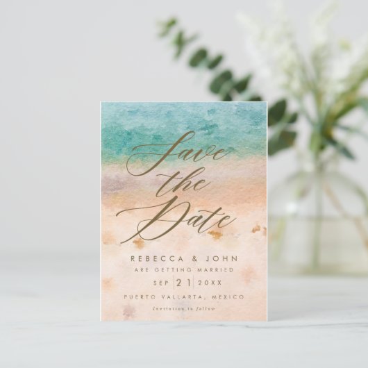 ビーチの行先の結婚式の保存日付カード 案内ポストカード (スタンド正面)