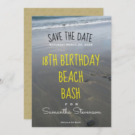 ビーチの誕生会年の強打の招待状 セーブザデート (正面/裏面)