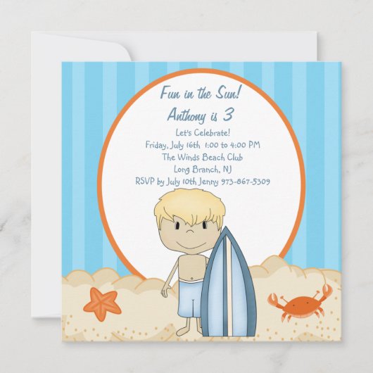 ビーチの誕生日の招待状のサーファーの男の子 招待状 (正面)