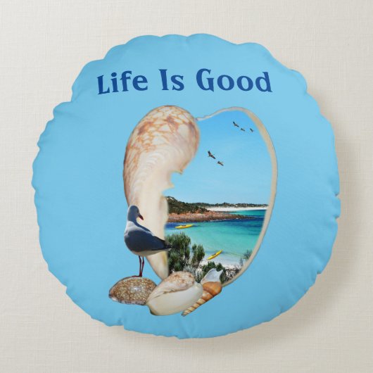 ビーチの貝殻の壁のビーチシーン ラウンドクッション (正面)