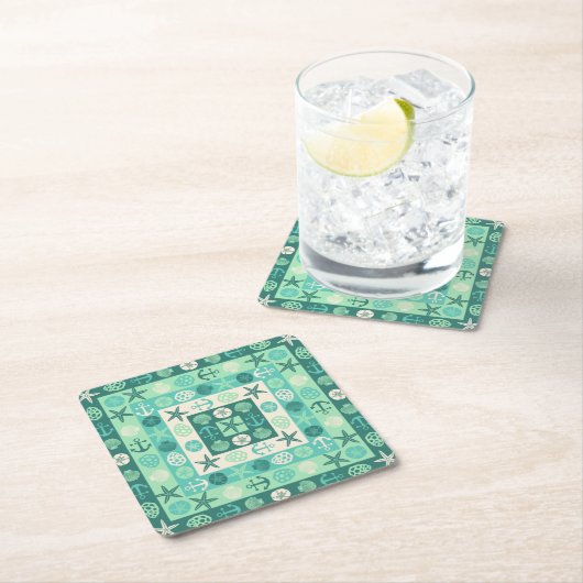 ビーチの貝殻の航海のでモダンなティール(緑がかった色)の緑 スクエアペーパーコースター (インサイチュ)
