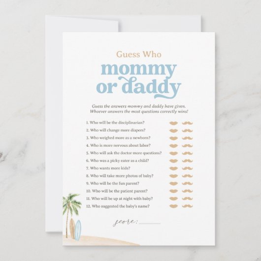 ビーチの赤ちゃんシャワー推測ママまたはパパのゲーム 招待状 (正面)