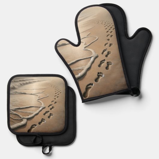 ビーチの足跡と海の泡 鍋つかみ&鍋敷きセット (正面/裏面)