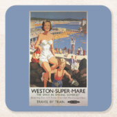 ビーチの鉄道ポスターの母及び息子 スクエアペーパーコースター (正面)