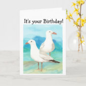 ビーチの鳥の自然の芸術の水彩画のカモメ カード (黄色い花)