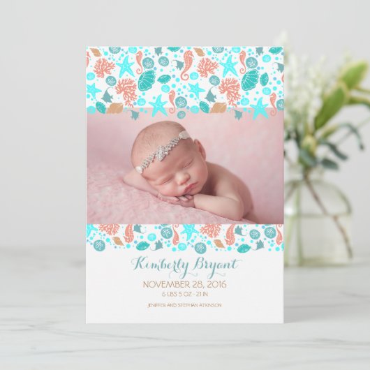 ビーチのNautcialの生まれたばかりのなベビーの写真の誕生 案内状 (スタンド正面)