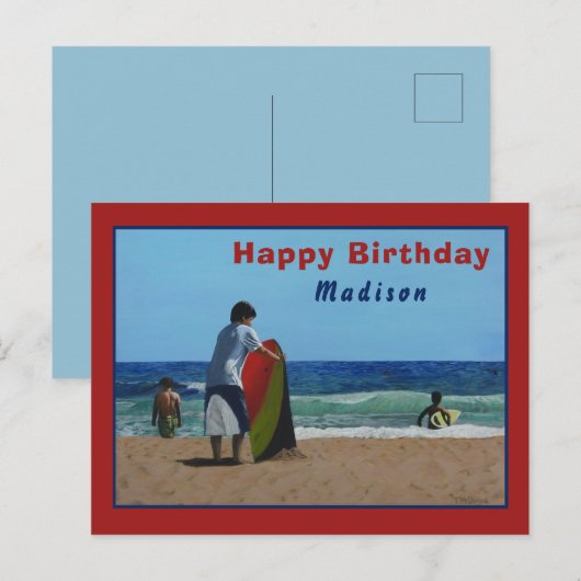 ビーチはがき上の男の子 – オプシパーソナライズされたョン ポストカード (正面/裏面)