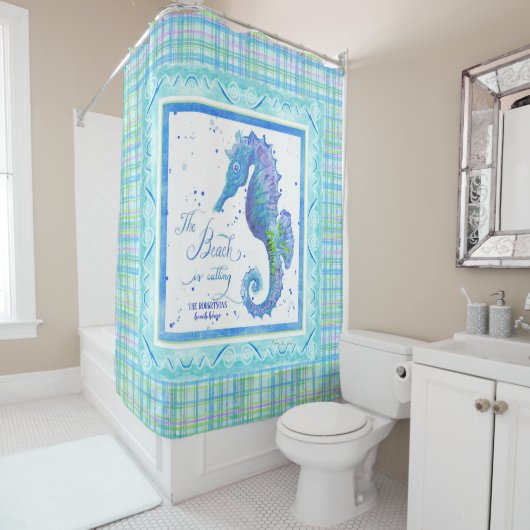 ビーチはシーホース海デコール水色を呼び出している シャワーカーテン (インサイチュ)