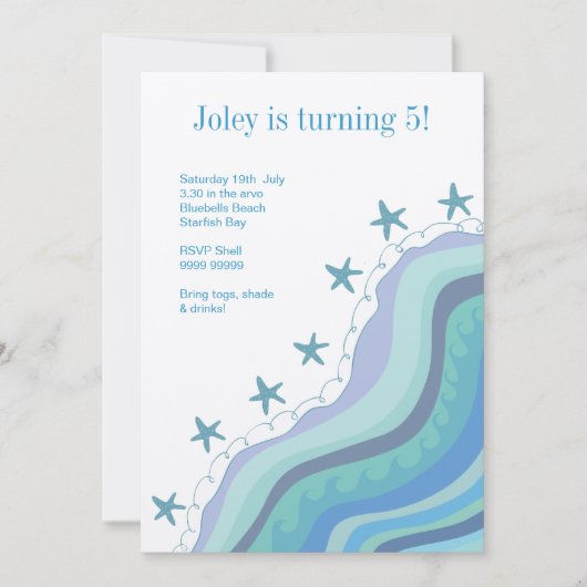 ビーチはヒトデの誕生日のパーティの招待状を振ります 招待状 (正面)