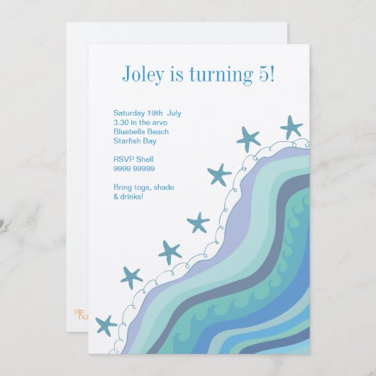 ビーチはヒトデの誕生日のパーティの招待状を振ります 招待状 (正面/裏面)