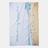 ビーチは私のハッピープレイススクリプトカリフォルニアコースト キッチンタオル (縦)