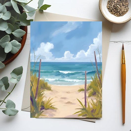 ビーチへの小道 | 海の水彩海岸画 ポストカード