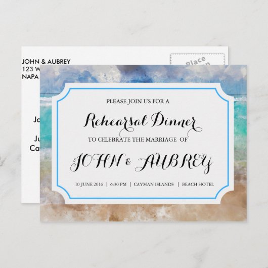 ビーチまたはトロピカルのリハーサル結婚ディナー インビテーションポストカード (正面/裏面)