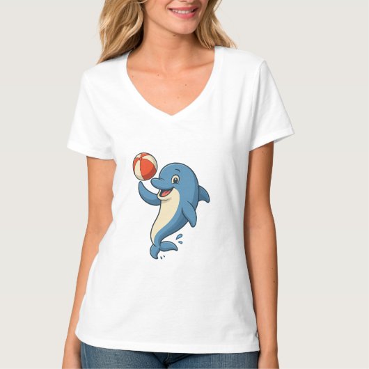 ビーチよくはしゃぐボール付き漫画イルカ Tシャツ (正面)