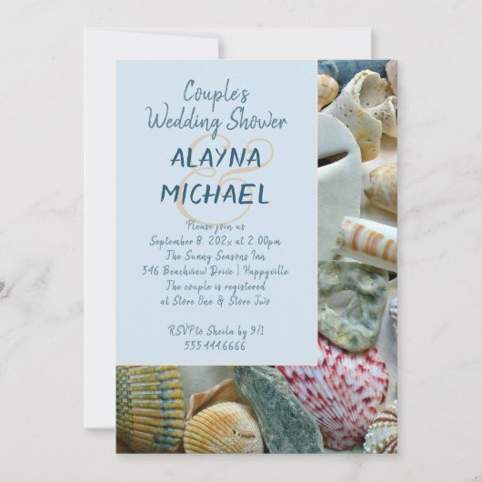 ビーチをテーマにしたカップルのシャワーシーシェル招待状 招待状 (正面)