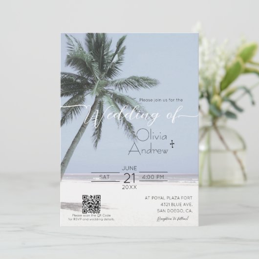 ビーチをテーマにしたパームツリー結婚式招待状テンプレート 招待状 (スタンド正面)