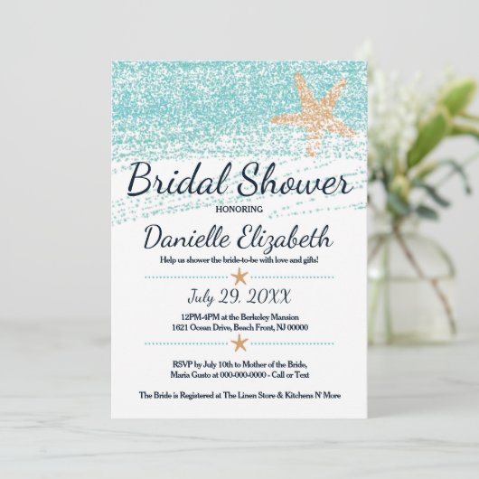 ビーチをテーマにしたヒトデのブライダルシャワーへの招待 招待状 (スタンド正面)