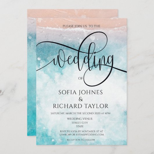 ビーチをテーマにした水彩書道海トロピック 招待状 (正面/裏面)