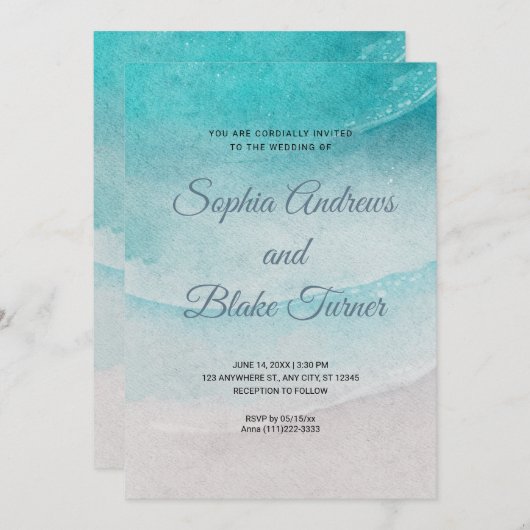 ビーチをテーマにした砂と結婚水 招待状 (正面/裏面)