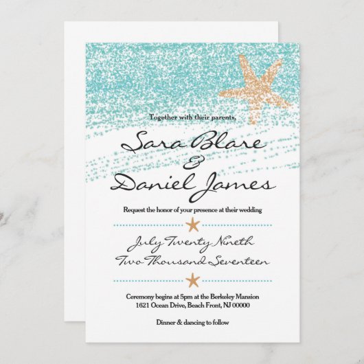 ビーチをテーマにした結婚式招待状/ヒトデアクセント 招待状 (正面/裏面)