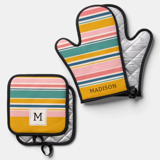 ビーチをテーマにした色のストライプ 鍋つかみ&鍋敷きセット (正面/裏面)