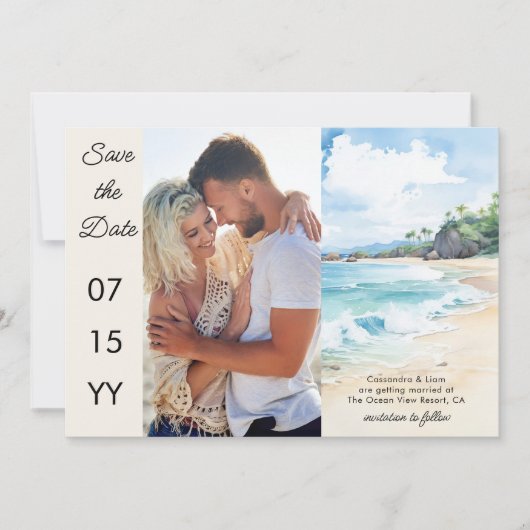 ビーチをテーマにした4結婚枚の写真 セーブザデート (正面)