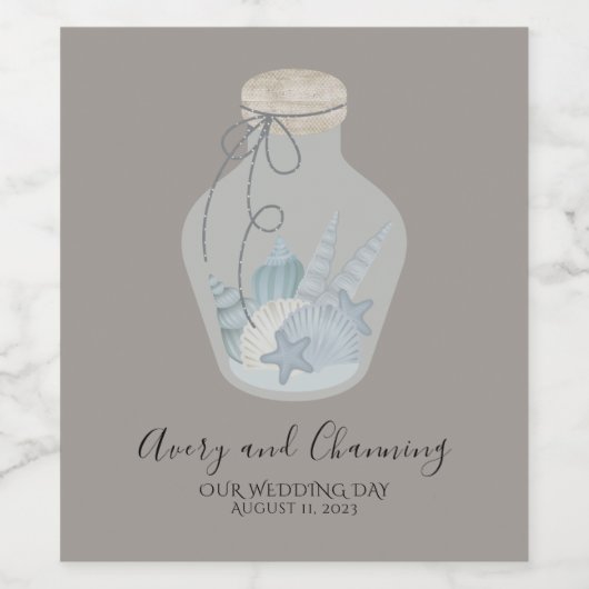 ビーチをテーマにした「私たちの結婚式の日」と貝殻 ワインラベル (シングルラベル)