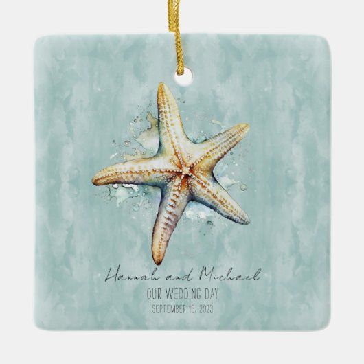 ビーチをテーマにした「Our Wedding Day」 セラミックオーナメント (正面)