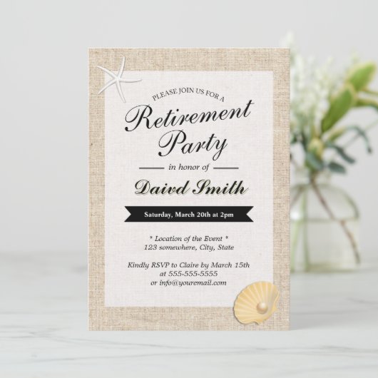 ビーチをテーマにしたBurlapリタイアメントパーティの招待状 招待状 (スタンド正面)