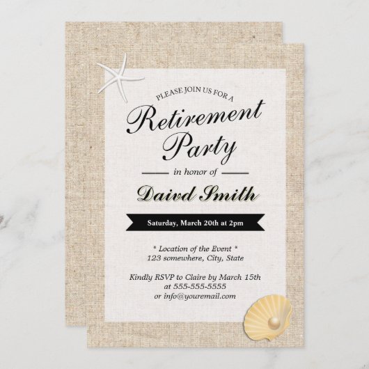 ビーチをテーマにしたBurlapリタイアメントパーティの招待状 招待状 (正面/裏面)