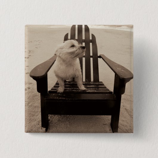 ビーチを楽しんでいる犬 缶バッジ (正面)