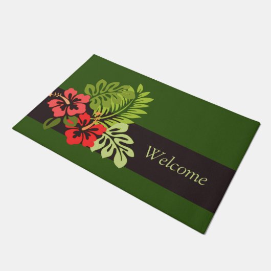 ビーチアイランドサマートロピカルハイビスカスフラワーリーフ ドアマット (アングル)
