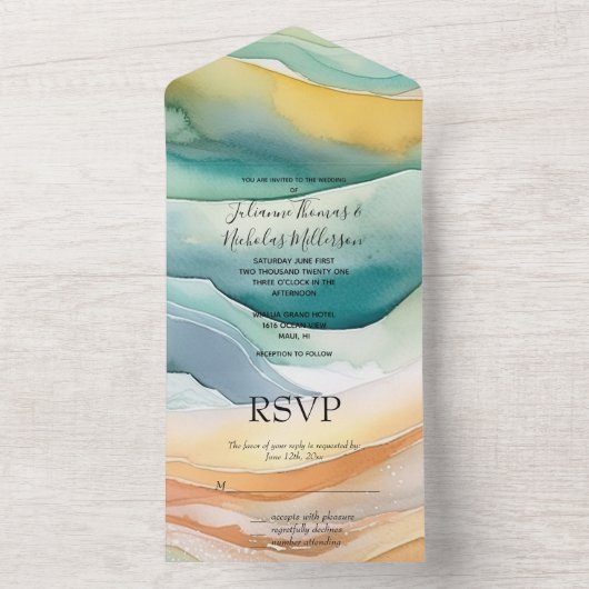 ビーチアクアグリーン海クリームサンド結婚ズ オールインワン招待状 (内側)