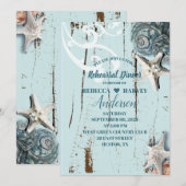 ビーチアクアブルーの海の貝殻 ウェディング リハーサル ディナー 招待状 (正面/裏面)